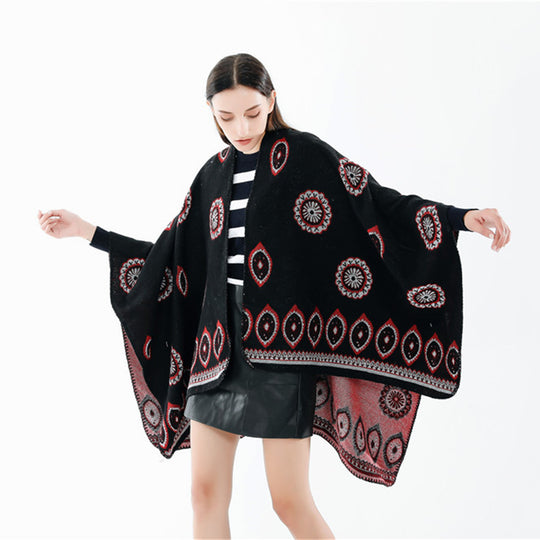 Damen Oversize-Ruana mit gewebtem Medaillon‑Jacquard und offenem Kimono‑Fall Shop Nory