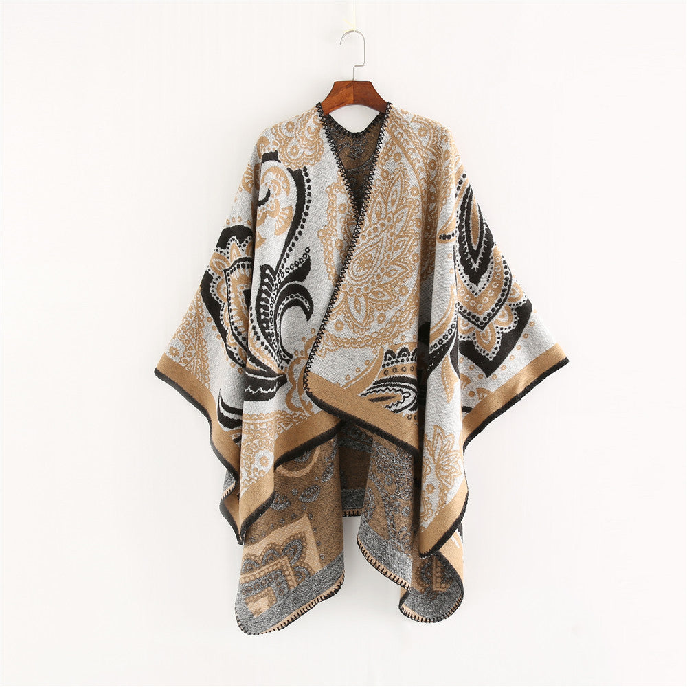 Damen Oversize-Ruana-Überwurf mit Paisley-Jacquard und Zierstichkante Shop Nory