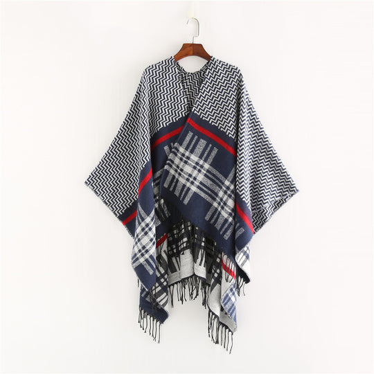 Damen Oversize-Umhangponcho aus Wollmix mit Karomuster, Zickzackjacquard und Fransensaum Shop Nory