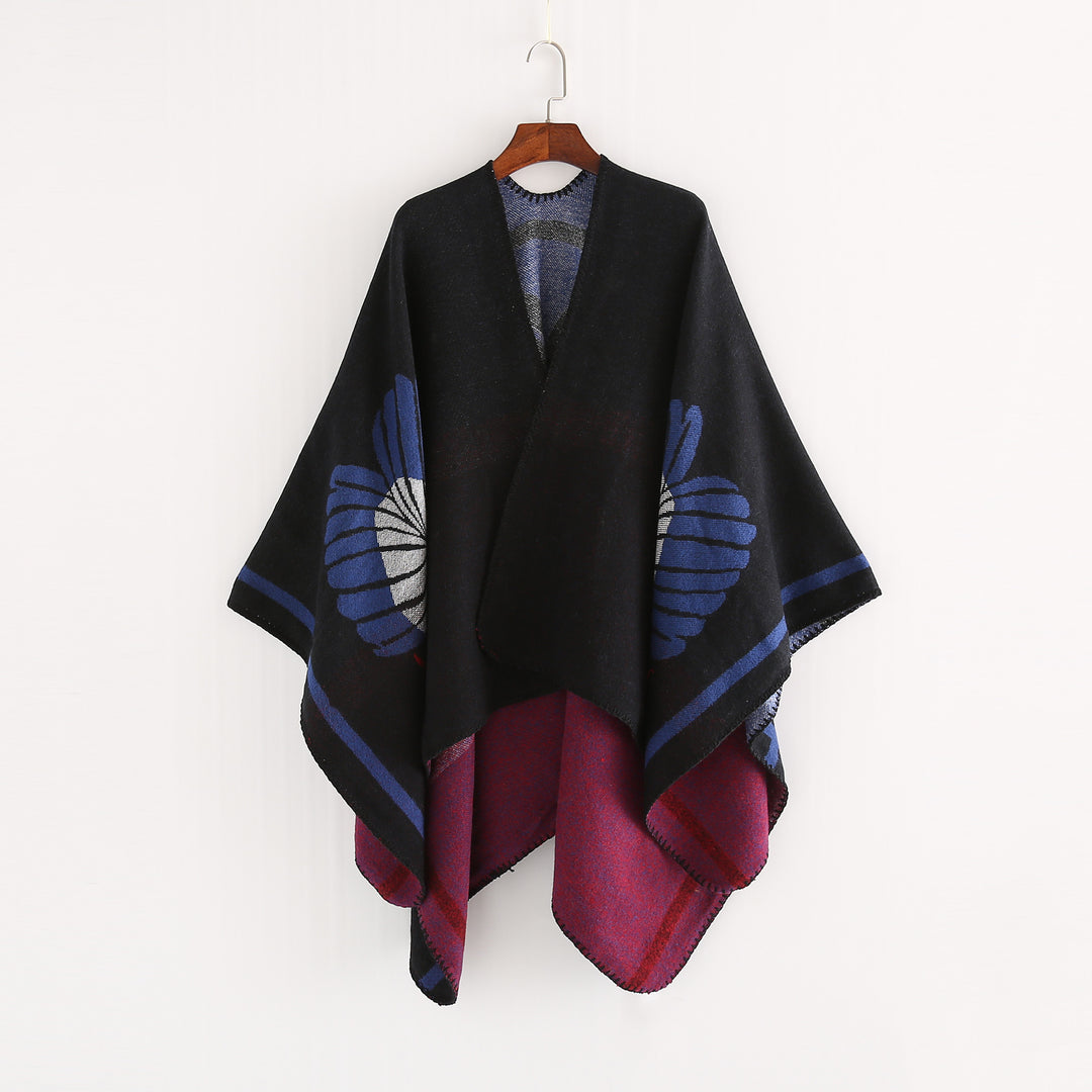 Damen Jacquard-Ruana mit floralem Intarsienmuster und zweifarbiger Wendekante Shop Nory