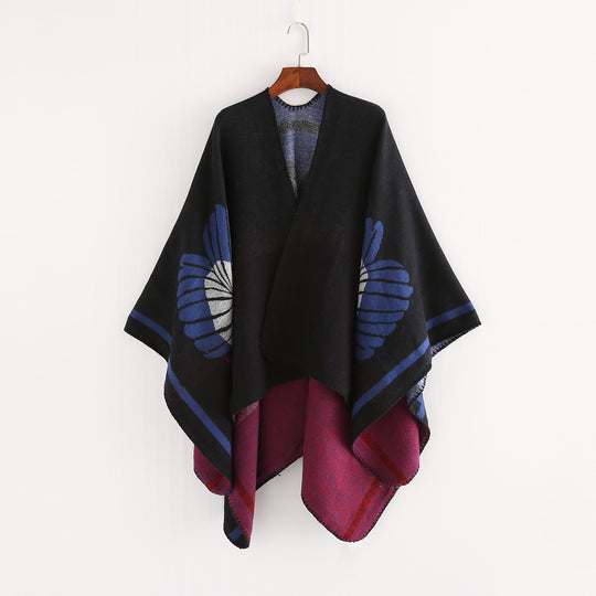 Damen Jacquard-Ruana mit floralem Intarsienmuster und zweifarbiger Wendekante Shop Nory