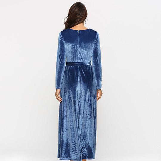 Damen Maxikleid aus Samt mit Taillengürtel und langem A‑Linien‑Rock Shop Nory