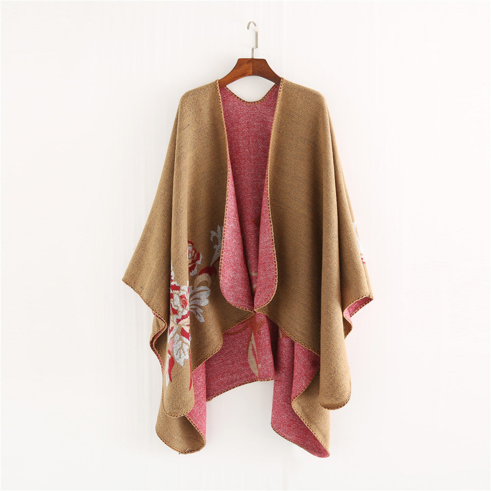 Damen Wendbarer Capeponcho aus Wolloptik mit floralem Jacquard und weichem Wasserfallsaum Shop Nory