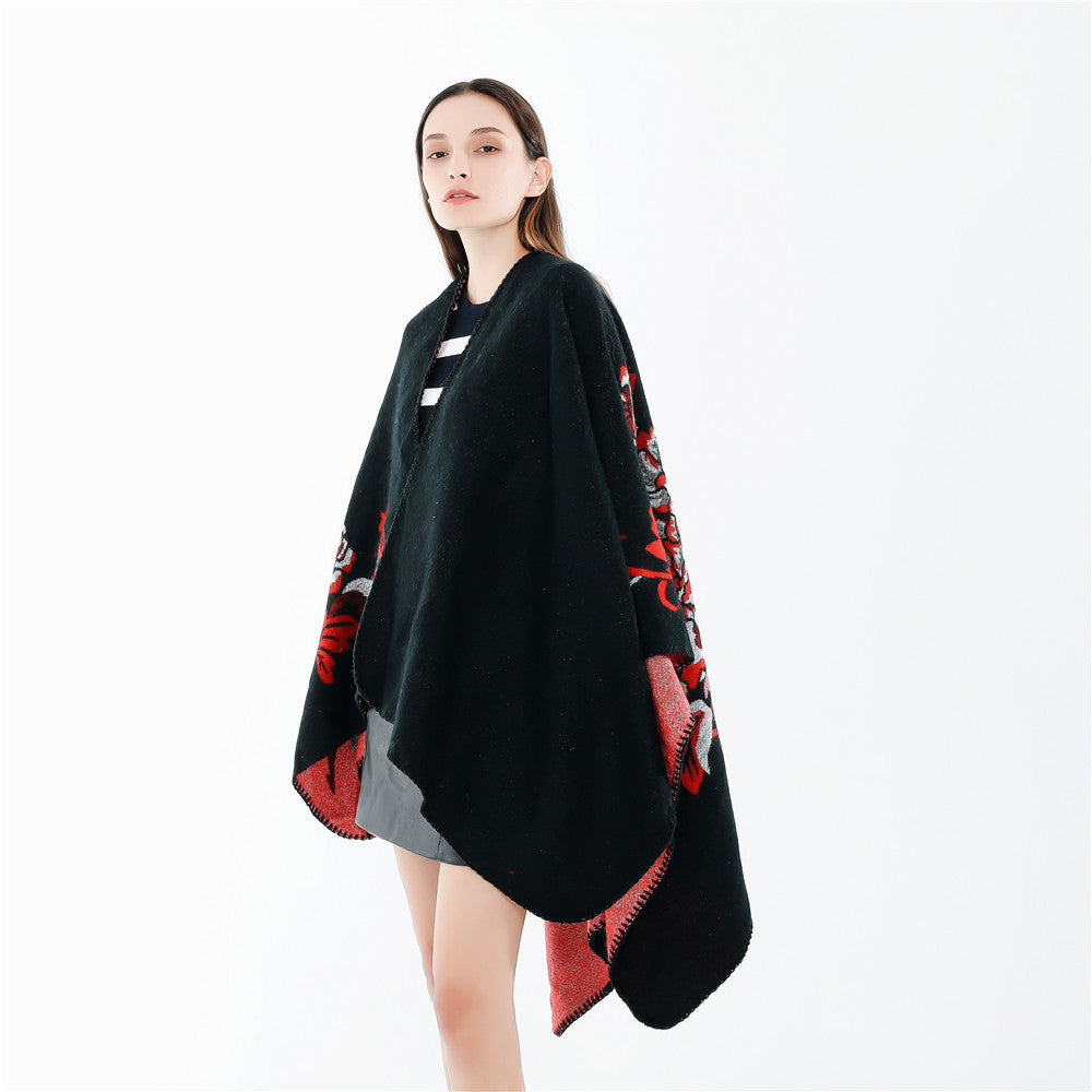 Damen Wendbarer Capeponcho aus Wolloptik mit floralem Jacquard und weichem Wasserfallsaum Shop Nory