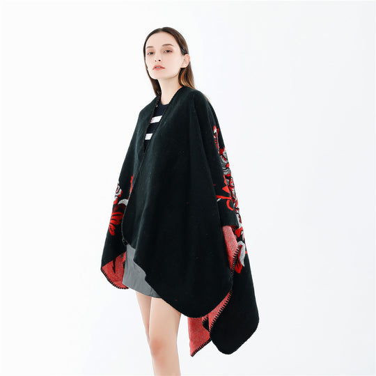 Damen Wendbarer Capeponcho aus Wolloptik mit floralem Jacquard und weichem Wasserfallsaum Shop Nory