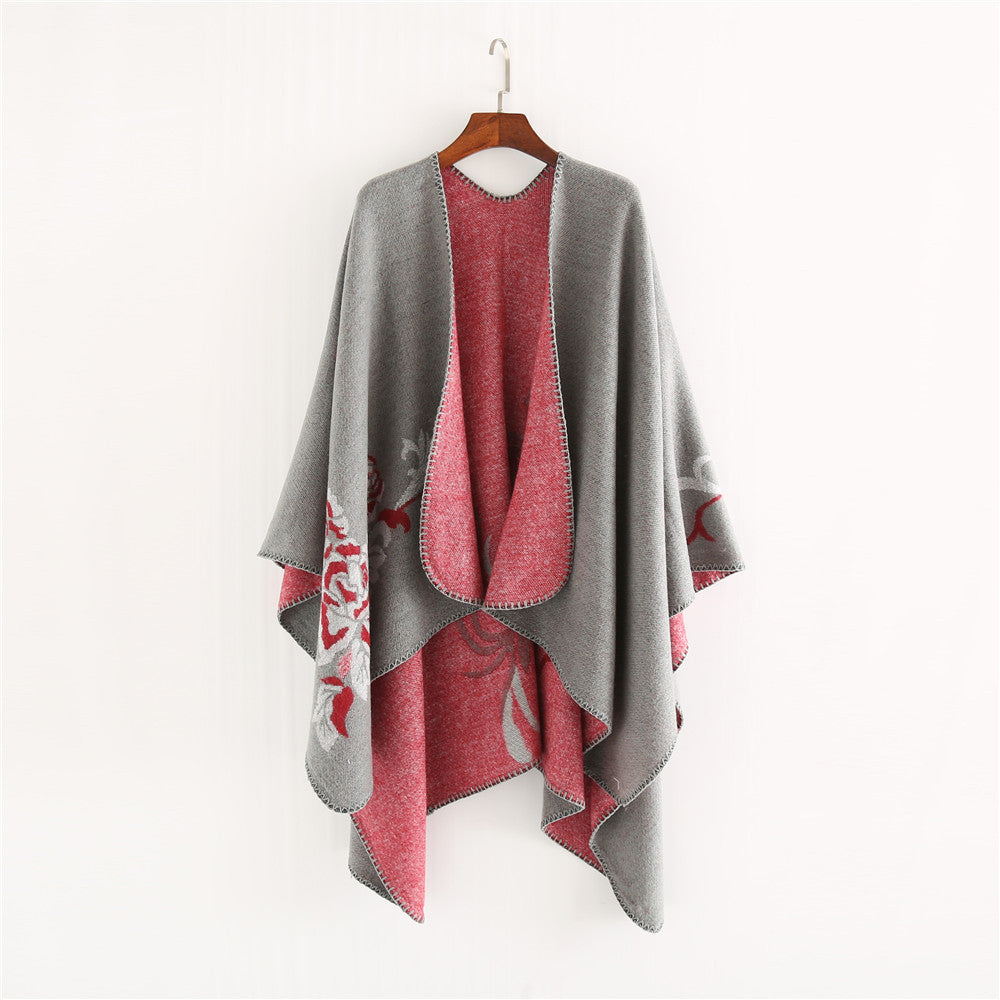 Damen Wendbarer Capeponcho aus Wolloptik mit floralem Jacquard und weichem Wasserfallsaum Shop Nory