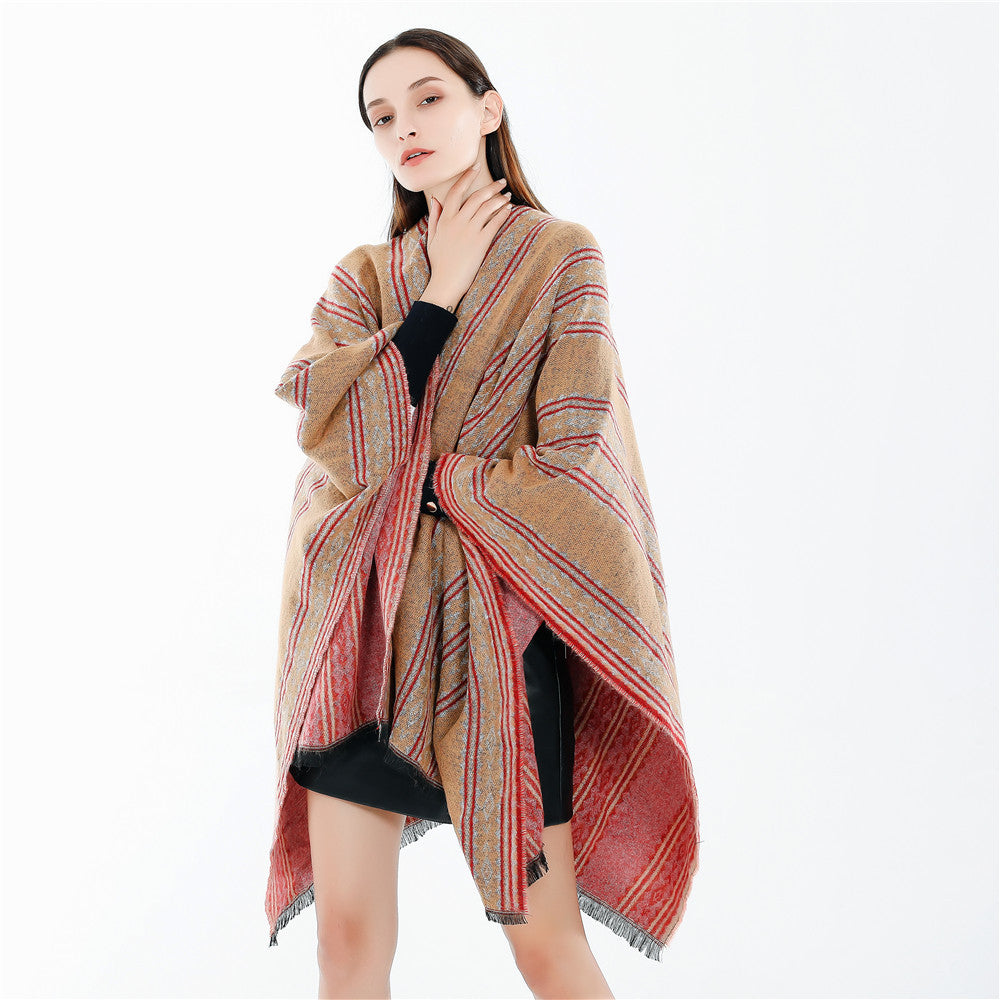 Damen Jacquard‑Ruana‑Poncho mit Fransen und offenem Oversize‑Fall Shop Nory