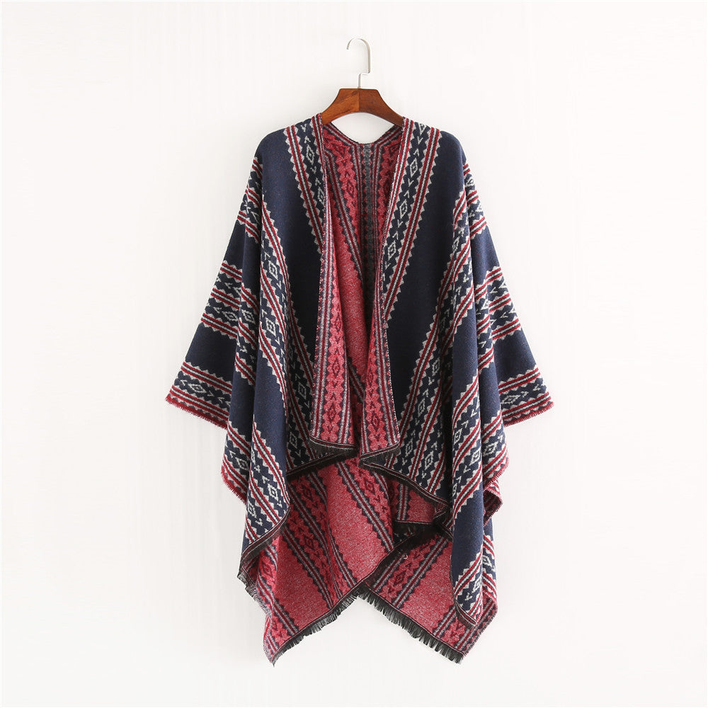 Damen Jacquard‑Ruana‑Poncho mit Fransen und offenem Oversize‑Fall Shop Nory