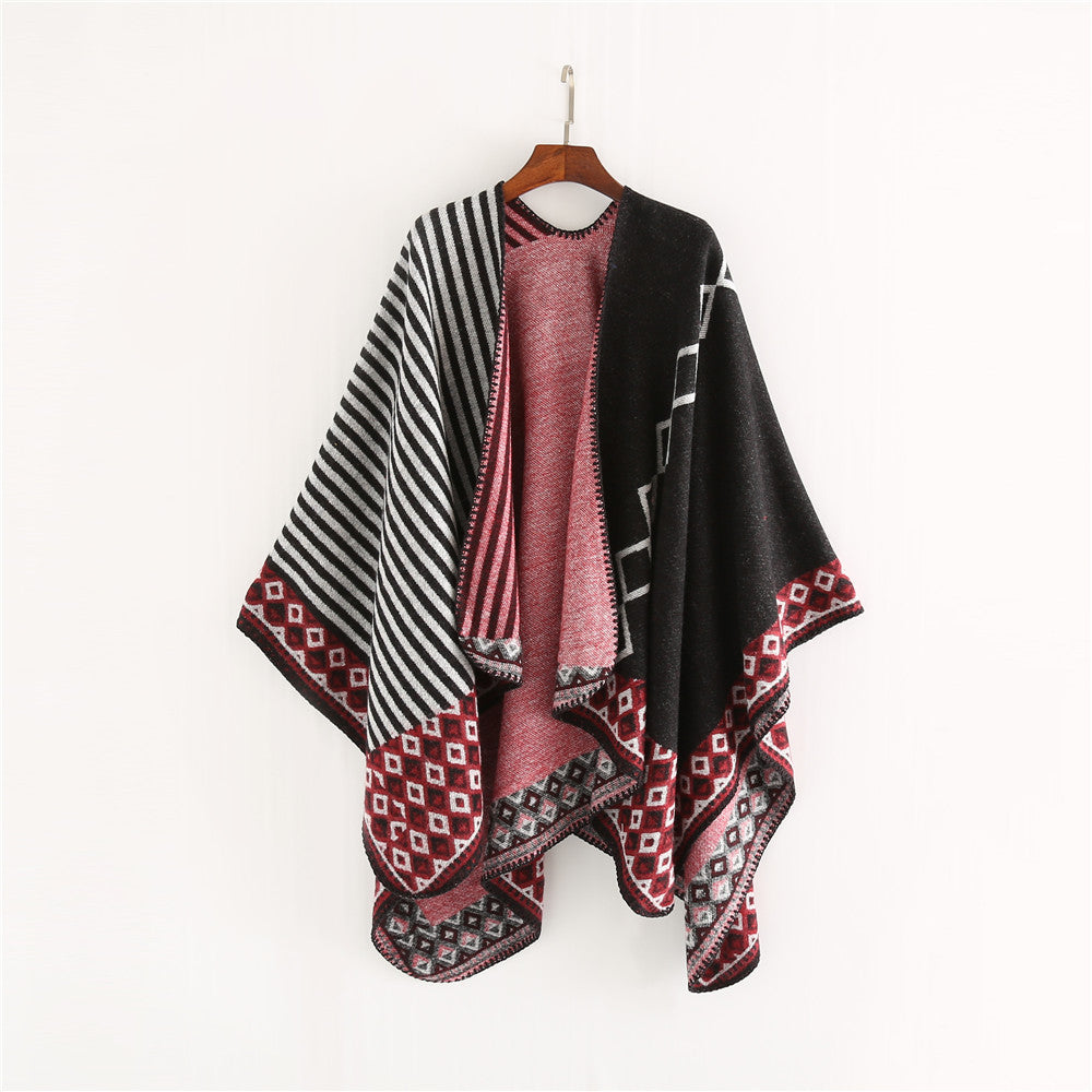 Damen Gewebte Oversize-Ruana mit Ethno-Bordüre und Streifenstruktur Shop Nory