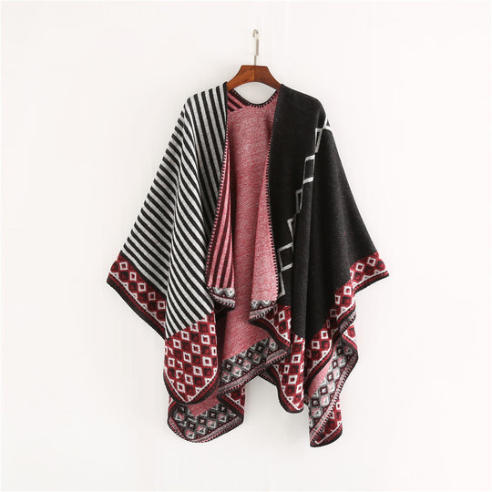 Damen Gewebte Oversize-Ruana mit Ethno-Bordüre und Streifenstruktur Shop Nory