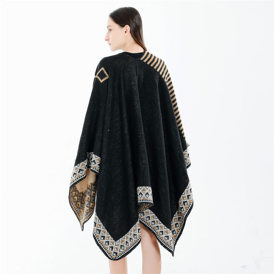 Damen Gewebte Oversize-Ruana mit Ethno-Bordüre und Streifenstruktur Shop Nory
