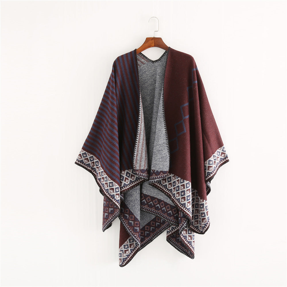 Damen Gewebte Oversize-Ruana mit Ethno-Bordüre und Streifenstruktur Shop Nory