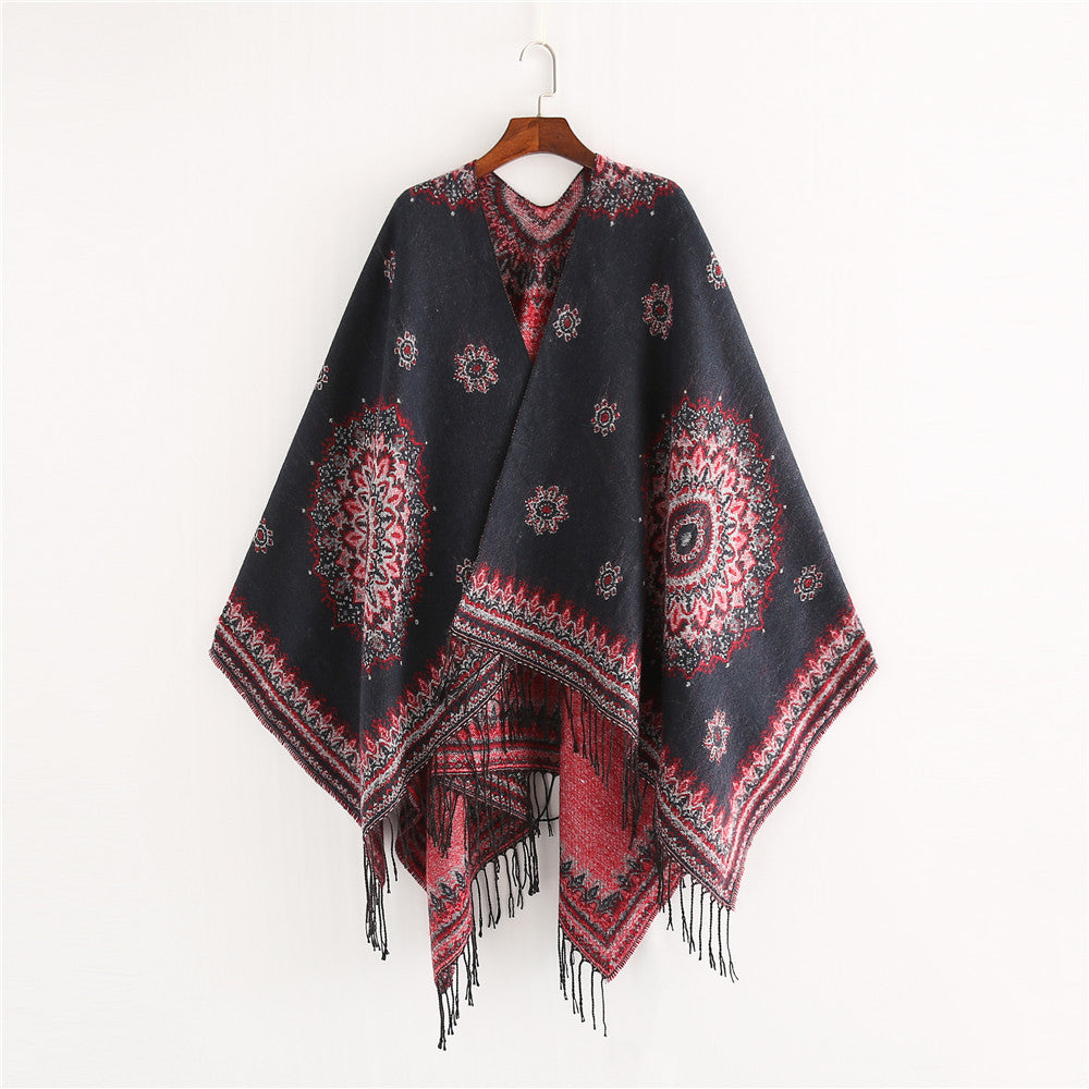 Damen Jacquard-Poncho im Oversize-Kimono-Fall mit Fransen Shop Nory