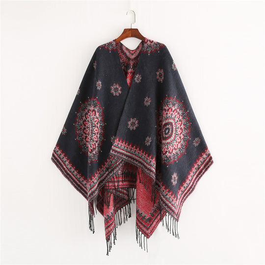 Damen Jacquard-Poncho im Oversize-Kimono-Fall mit Fransen Shop Nory