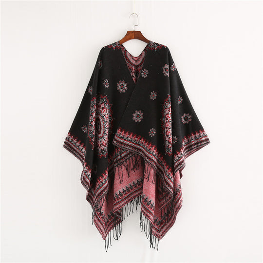 Damen Jacquard-Poncho im Oversize-Kimono-Fall mit Fransen Shop Nory