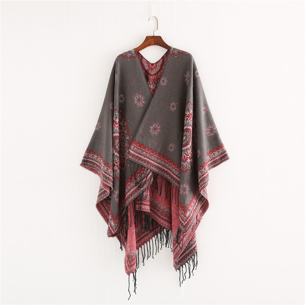 Damen Jacquard-Poncho im Oversize-Kimono-Fall mit Fransen Shop Nory