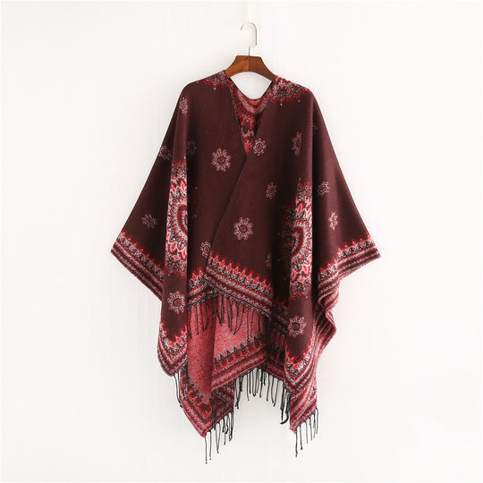 Damen Jacquard-Poncho im Oversize-Kimono-Fall mit Fransen Shop Nory