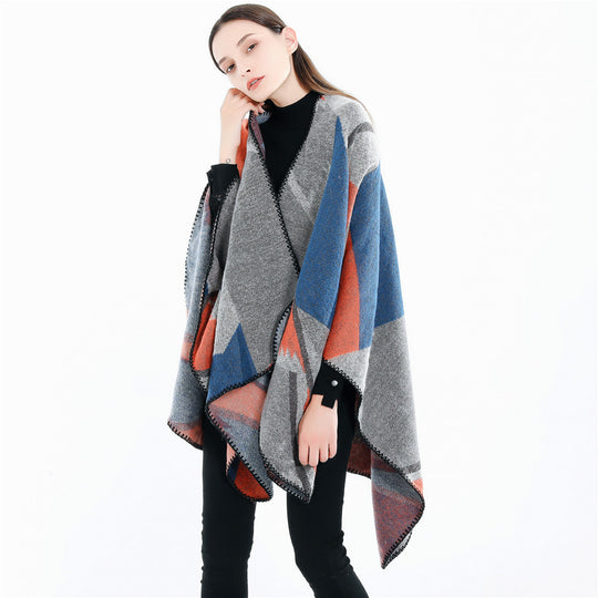 Damen Oversize-Geometrischer Jacquard-Poncho aus Wollmix Shop Nory
