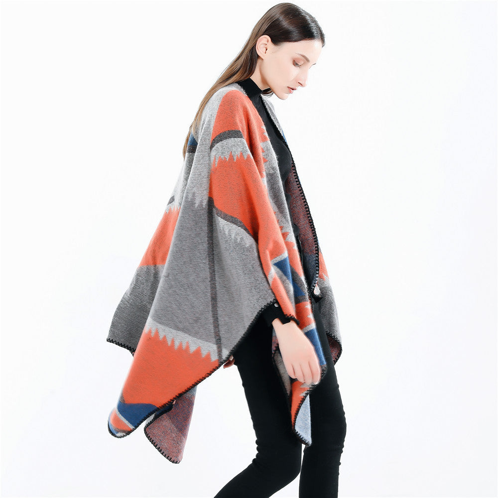 Damen Oversize-Geometrischer Jacquard-Poncho aus Wollmix Shop Nory