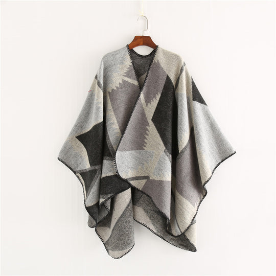 Damen Oversize-Geometrischer Jacquard-Poncho aus Wollmix Shop Nory