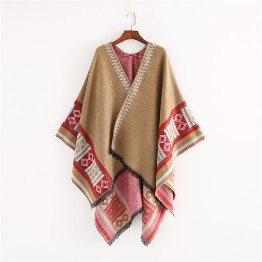 Damen Oversize-Ruana-Poncho im Boho-Ethno-Look aus Wollmix mit V-Ausschnitt und Fransensaum Shop Nory