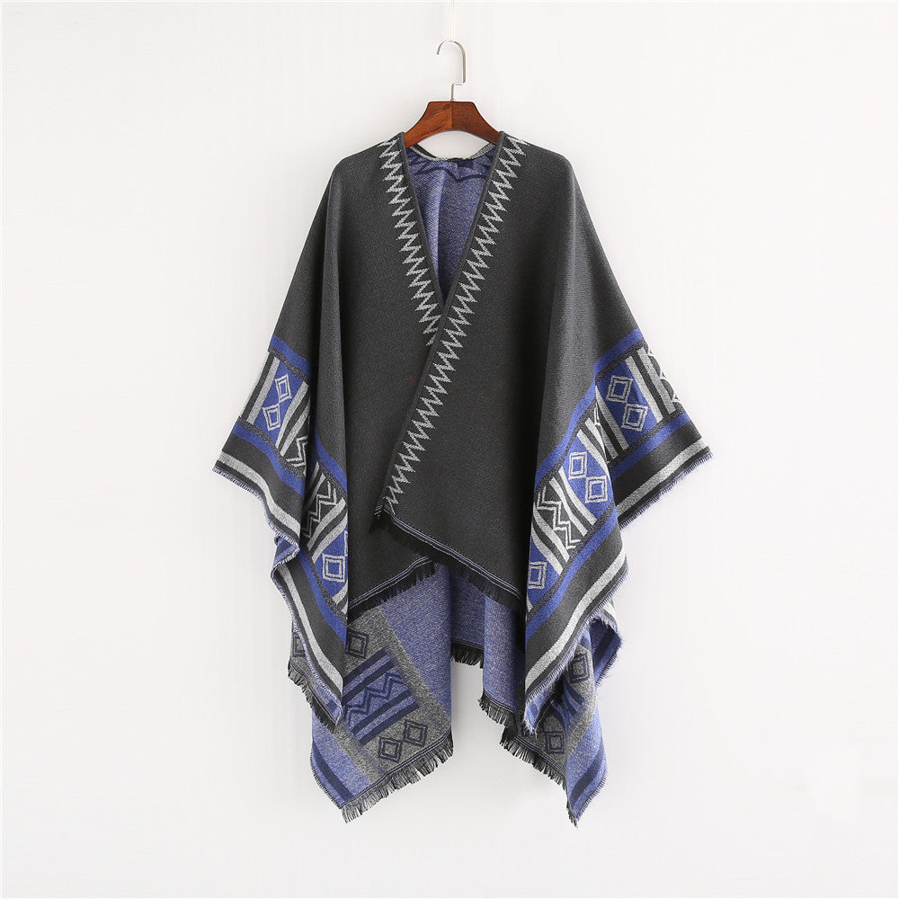 Damen Oversize-Ruana-Poncho im Boho-Ethno-Look aus Wollmix mit V-Ausschnitt und Fransensaum Shop Nory