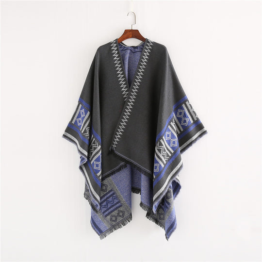 Damen Oversize-Ruana-Poncho im Boho-Ethno-Look aus Wollmix mit V-Ausschnitt und Fransensaum Shop Nory
