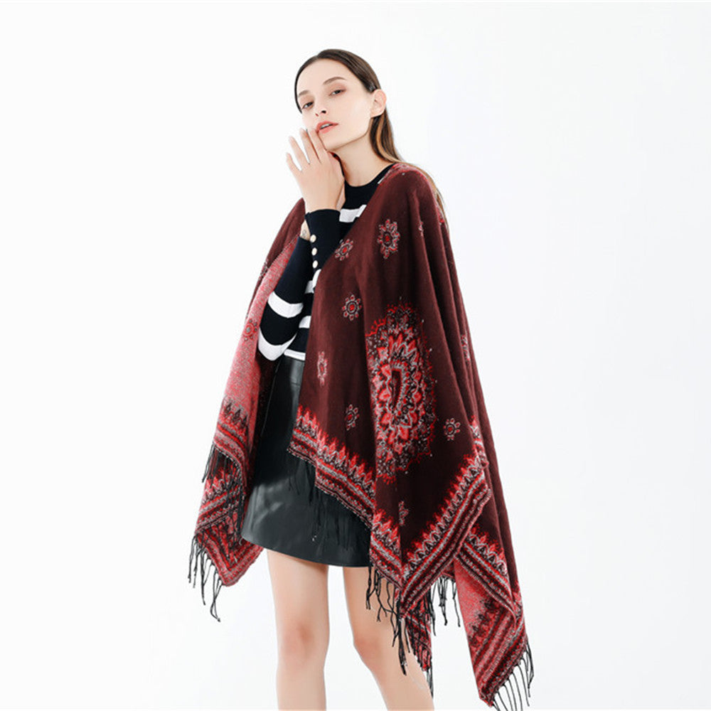 Damen Jacquard-Poncho im Oversize-Kimono-Fall mit Fransen Shop Nory
