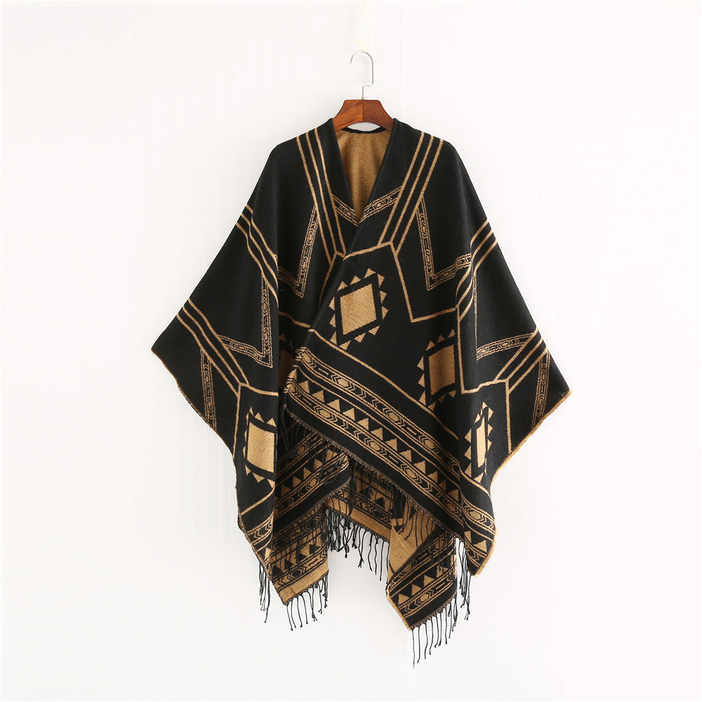 Damen Oversized Fransen-Poncho im Aztekenmuster aus Wollmix Shop Nory