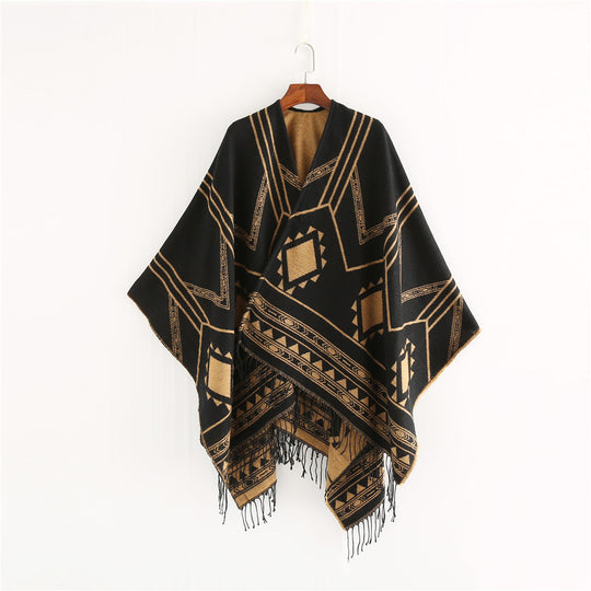 Unisex Ethno-Poncho aus weichem Strick mit Fransen und geometrischem Muster Shop Nory