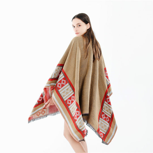 Damen Oversize-Ruana-Poncho im Boho-Ethno-Look aus Wollmix mit V-Ausschnitt und Fransensaum Shop Nory