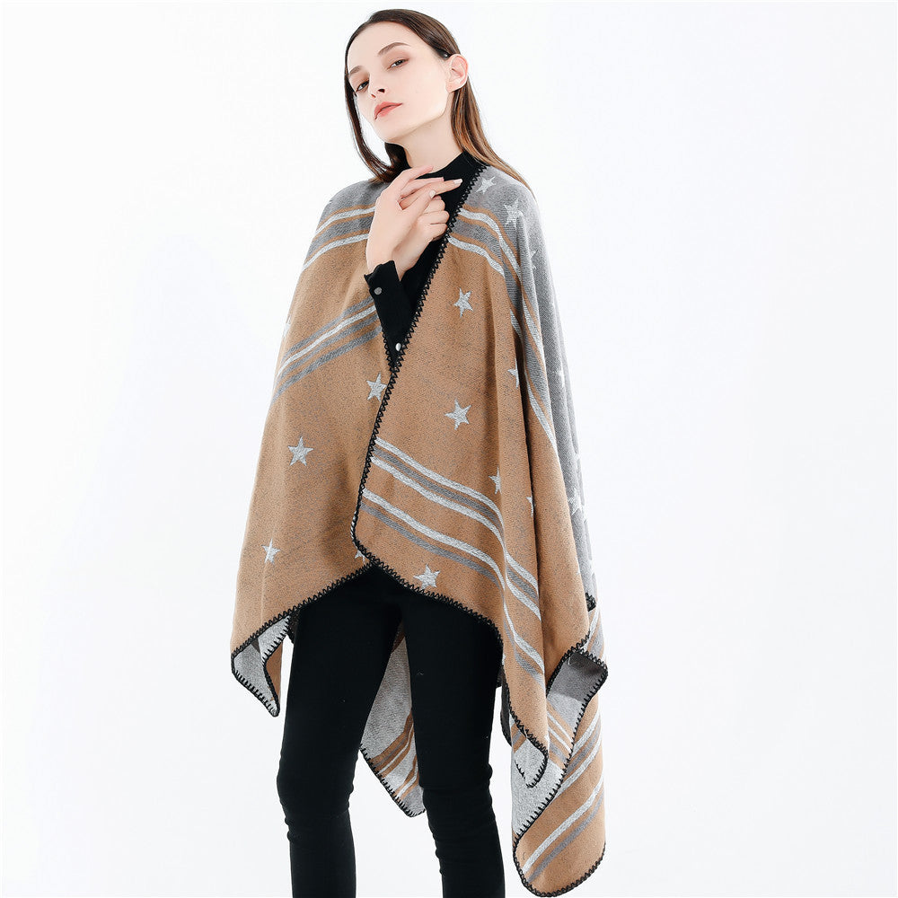 Damen Ruana-Überwurf mit Sternmotiv und zweifarbiger Jacquardkante Shop Nory