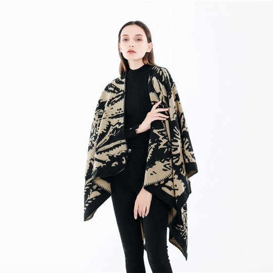 Damen Jacquard‑Ruana‑Überwurf mit floraler Webstruktur und dekorativer Kettelkante Shop Nory
