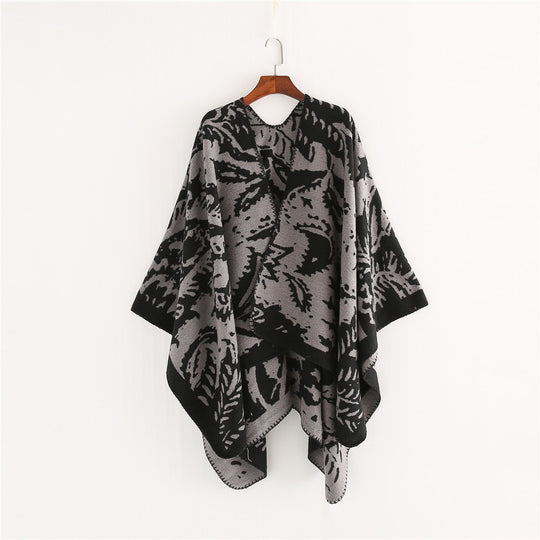 Damen Jacquard‑Ruana‑Überwurf mit floraler Webstruktur und dekorativer Kettelkante Shop Nory