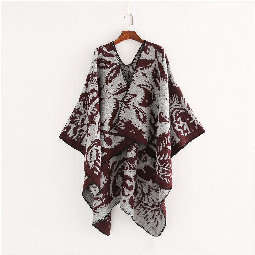Damen Jacquard‑Ruana‑Überwurf mit floraler Webstruktur und dekorativer Kettelkante Shop Nory