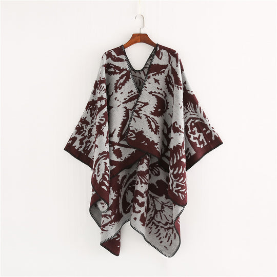 Damen Jacquard‑Ruana‑Überwurf mit floraler Webstruktur und dekorativer Kettelkante Shop Nory