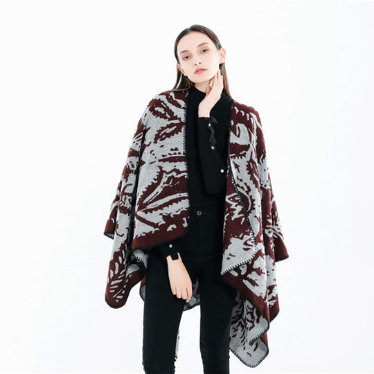 Damen Jacquard‑Ruana‑Überwurf mit floraler Webstruktur und dekorativer Kettelkante Shop Nory