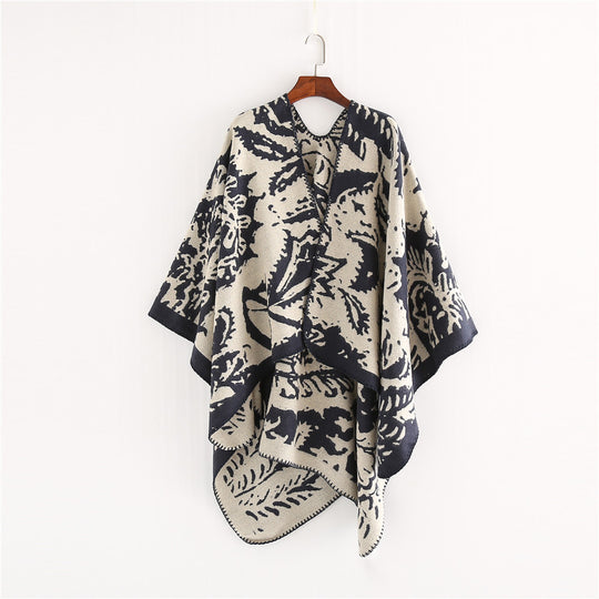 Damen Jacquard‑Ruana‑Überwurf mit floraler Webstruktur und dekorativer Kettelkante Shop Nory