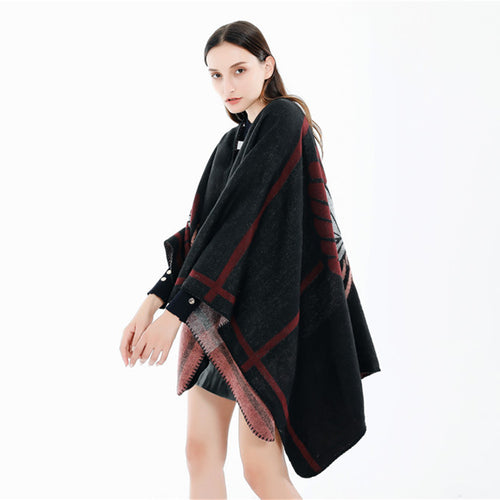 Damen Jacquard-Ruana mit floralem Intarsienmuster und zweifarbiger Wendekante Shop Nory