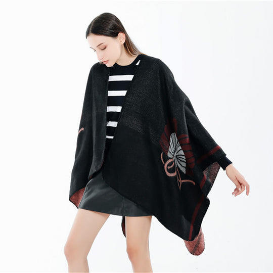Damen Jacquard-Ruana mit floralem Intarsienmuster und zweifarbiger Wendekante Shop Nory