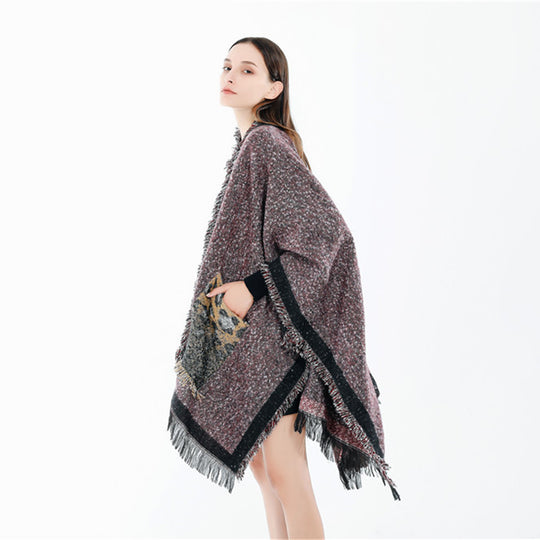 Damen Oversize-Ruana-Poncho im wolligen Mix mit Fransen und Kontrastkante Shop Nory