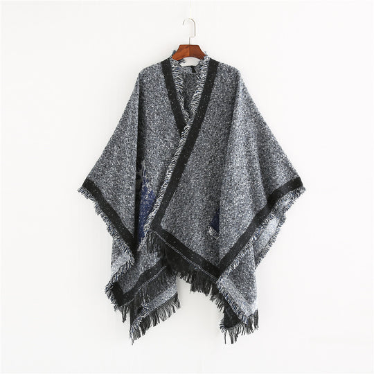 Damen Oversize-Ruana-Poncho im wolligen Mix mit Fransen und Kontrastkante Shop Nory