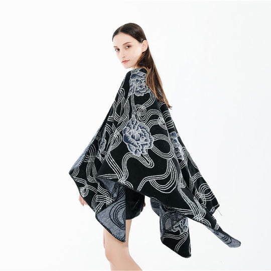 Damen Jacquard‑Ruana mit floralem Relief und kontrastierter Kettelnaht Shop Nory