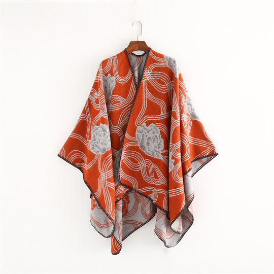 Damen Jacquard‑Ruana mit floralem Relief und kontrastierter Kettelnaht Shop Nory
