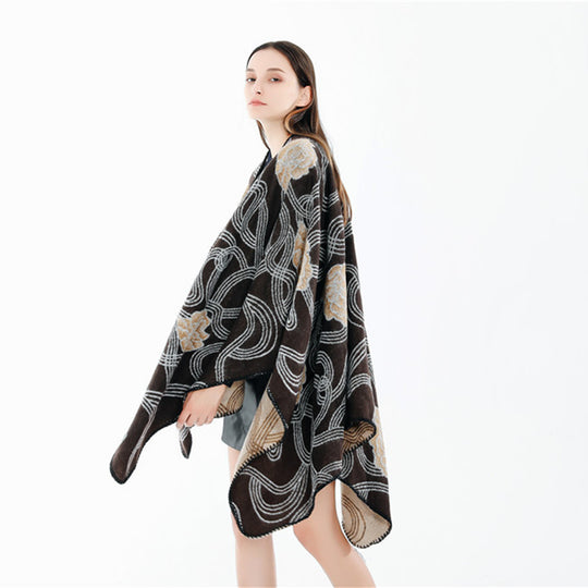 Damen Jacquard‑Ruana mit floralem Relief und kontrastierter Kettelnaht Shop Nory
