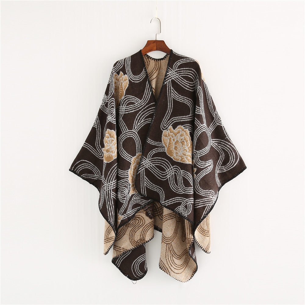 Damen Jacquard‑Ruana mit floralem Relief und kontrastierter Kettelnaht Shop Nory