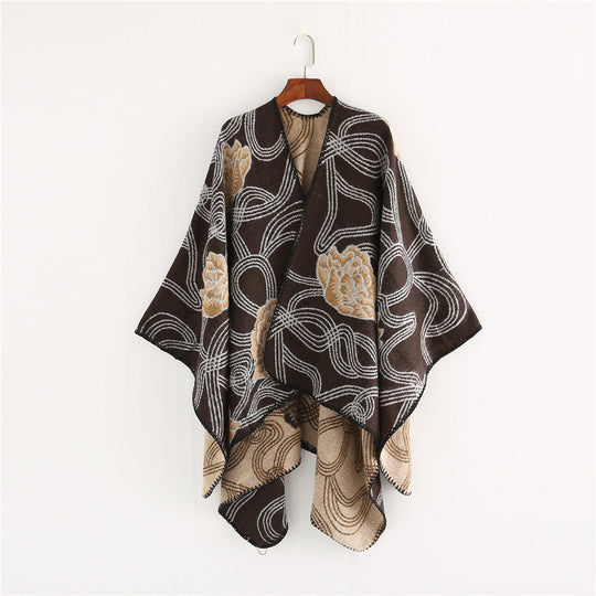 Damen Jacquard‑Ruana mit floralem Relief und kontrastierter Kettelnaht Shop Nory
