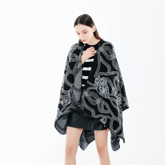 Damen Jacquard‑Ruana mit floralem Relief und kontrastierter Kettelnaht Shop Nory