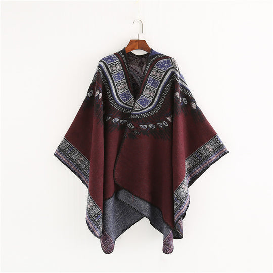 Damen Oversize-Ruana-Poncho im Ethno-Jacquard mit V-Ausschnitt und Bordürenkante Shop Nory
