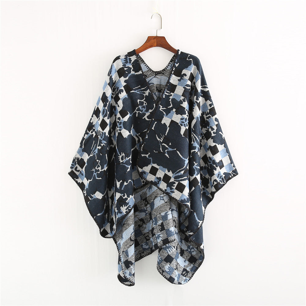 Damen Oversize-Ruana mit V-Ausschnitt und Jacquard-Karo-Floralmuster Shop Nory